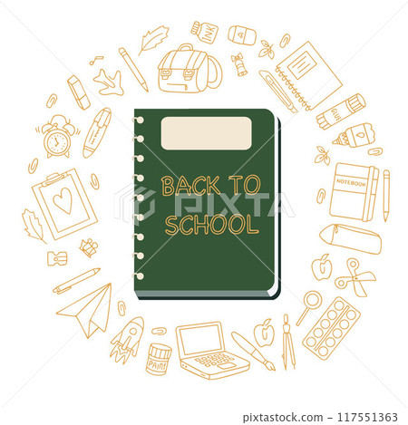 Back to school banner. Stationery set and notebook. School supplies in doodle style. Vector. Vector illustration Back to school banner. Stationery set and notebook. School supplies in doodle style. Vector. Vector illustration 117551363