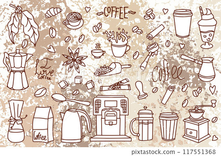 Set of cute doodle cafe icons. Set of hand drawn coffee designs: drinks, snacks and coffee utensils. Vector outline of hand drawn coffee and pastries for cafe menu. Vector. Vector illustration 117551368