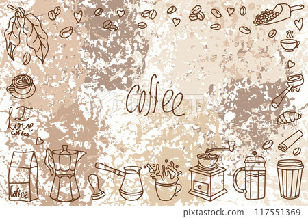 Banner for a coffee shop. Cute doodle cartoon cafe icons. Set of hand drawn coffee designs: drinks, snacks and coffeeware. Vector outline hand drawn coffee and bakery for cafe menu. Vector 117551369