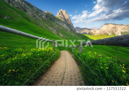 Path in Seceda mountain on beautiful summer sunny day 117551522