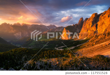 Mountains at beautiful golden sunset in summer. Colorful landscape 117551528