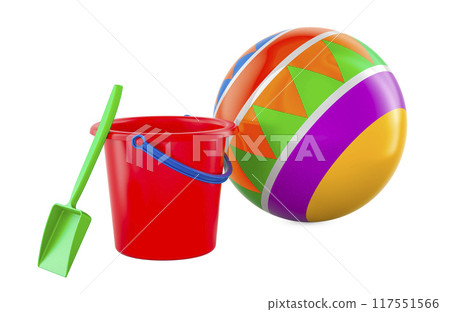 Bouncy ball for kids with plastic bucket and spade. Beach toys, 3D rendering 117551566