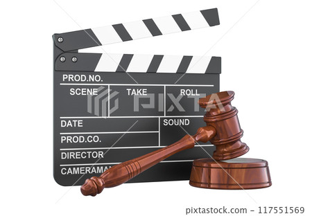 Clapperboard with wooden gavel, 3D rendering Clapperboard with wooden gavel, 3D rendering 117551569
