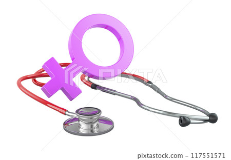 Female gender symbol with stethoscope. Medical help for women, concept. 3D rendering 117551571