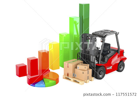 Freight Market Research and cargo delivery, concept. Forklift truck with parcels and growth bar graph and pie chart. 3D rendering 117551572