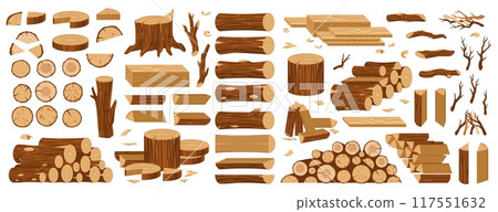 Cartoon wooden timbers. Tree logs and trunks, chopped firewood, stacked planks, woodwork bars and washers, nature materials, forest construction materials isolated tidy vector set 117551632