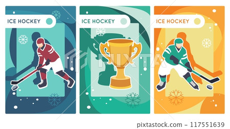 Ice hockey cards. Professional players in uniform with clubs, championship cup, team sports game, forwards and defenders, winter games tournament cartoon flat isolated vector concept 117551639
