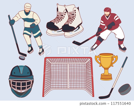 Ice hockey elements. Players in uniform and sports equipment, goal, cup, skates, stick, puck, professional athletes in helmets, winter games icons cartoon flat isolated vector set 117551640