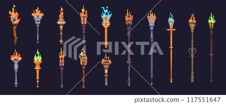 Medieval torches. Cartoon game assets tools, ancient wooden and metal different torches with burning flames, ancient castle lights on sticks, bonfire mobile game ui elements, tidy vector set 117551647
