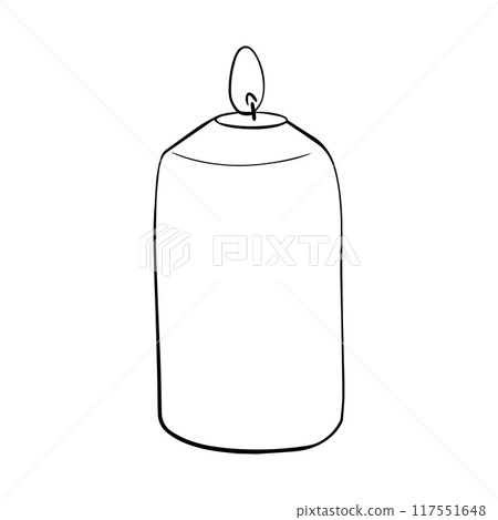 Vector Wax Candle on isolated background. Hand drawn illustration candlelight in line art style painted by black inks. Simple contour Sketch for Cozy Home Decor, greeting cards and invitation 117551648