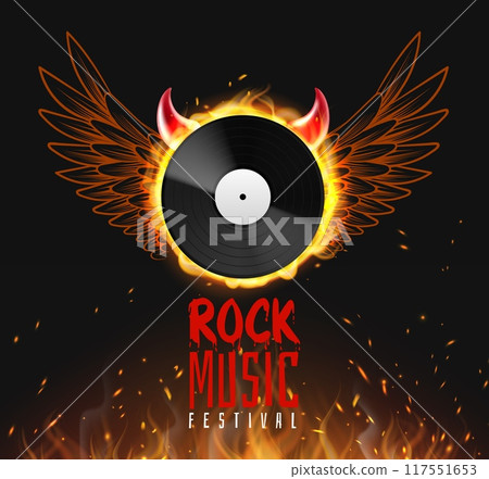 Rock music. Vinyl record on fire flame, devil horns and angel wings, realistic isolated elements. Promotional flyer design, media post, entertainment concert or festival banner. Vector concept Rock music. Vinyl record on fire flame, devil horns and angel wings, realistic isolated elements. Promotional flyer design, media post, entertainment concert or festival banner. Vector concept 117551653