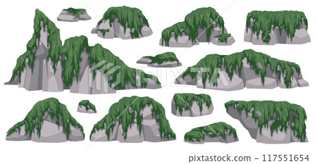 Stones overgrown with moss. Cartoon rocks and green lichen, hanging and creeping plants, natural game elements template, ecology environment, rainforest tropical tidy vector isolated set Stones overgrown with moss. Cartoon rocks and green lichen, hanging and creeping plants, natural game elements template, ecology environment, rainforest tropical tidy vector isolated set 117551654