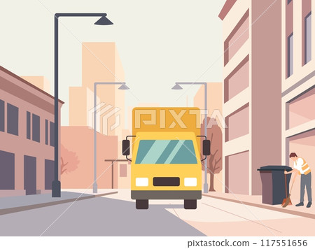 Street cleaning with machine. Truck collects garbage cans, ridding city of trash, uniformed janitor sweeps street, cityscape, scavengers service cartoon flat isolated vector concept 117551656