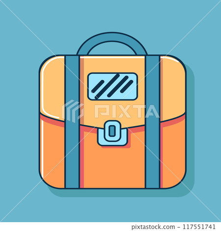 Orange backpack with blue handles for school supplies. Flat illustration 117551741