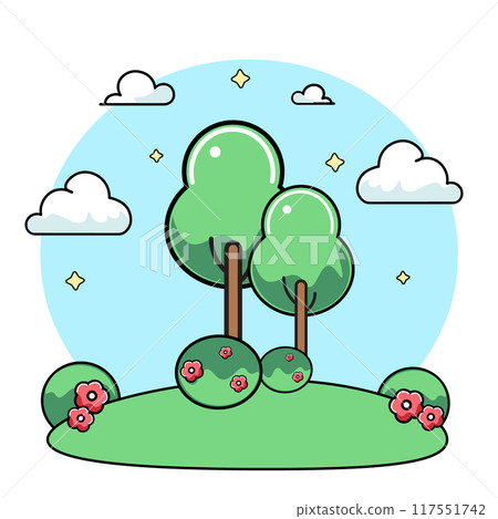 Two green trees with grass and bushes. Flat red flowers and white clouds on a blue background. Flat illustration 117551742