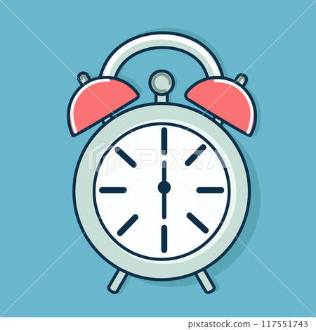Alarm clock on legs. Clock to keep track of time. School paraphernalia. Flat illustration 117551743