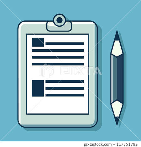 A solid sheet and note pad and a sharp double-sided blue pencil. School subjects. Flat illustration. A solid sheet and note pad and a sharp double-sided blue pencil. School subjects. Flat illustration. 117551782