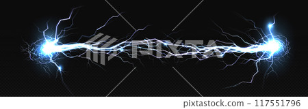 Electric discharge shocked effect for design. Power electrical energy lightning spark or electricity effects realistic isolated blitz vector illustration on checkered background 117551796