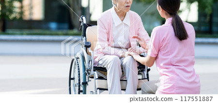 輪椅上的高級婦女和護理人員 117551887