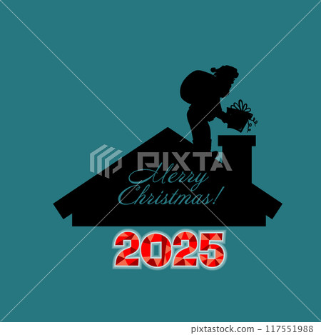 Santa puts a present down the chimney. Happy New Year 2025 card. hand drawing. Not AI, Vector illustrations. 117551988