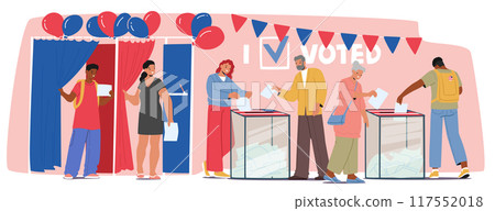 Cartoon People Casting Their Votes At A Polling Station. Image Captures The Democratic Process, Voter Engagement 117552018