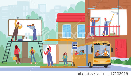Outdoor Advertising Workers Installing Billboards In An Urban Environment. Image Portrays Characters Teamwork Outdoor Advertising Workers Installing Billboards In An Urban Environment. Image Portrays Characters Teamwork 117552019