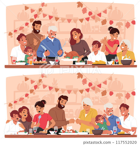 Joyful Family Gathering Around A Table, Celebrating Thanksgiving With A Turkey Feast And Festive Decorations Joyful Family Gathering Around A Table, Celebrating Thanksgiving With A Turkey Feast And Festive Decorations 117552020