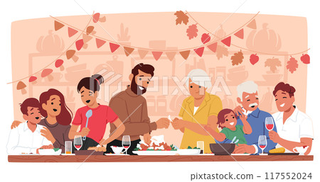 Joyful Family Gathering Around A Table Celebrating Thanksgiving. Vector Image Depicts Multiple Generations Enjoying Meal 117552024