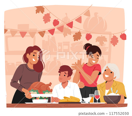 Happy Family Gathered Around Table Enjoying Thanksgiving Dinner At Home. Vector Scene Depicts Warm Autumn Decorations 117552030