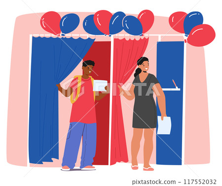 Voters At A Polling Station With Blue And Red Curtains, Balloons, And Voting Booths, Casting Their Votes During Election Voters At A Polling Station With Blue And Red Curtains, Balloons, And Voting Booths, Casting Their Votes During Election 117552032