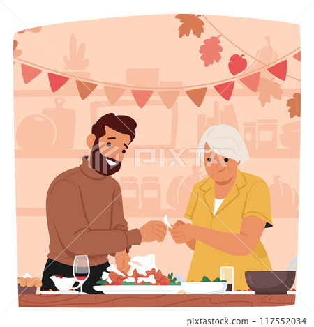 Man And An Older Woman Sharing Turkey Bone In A Cozy Kitchen Decorated With Autumn Leaves And Bunting 117552034
