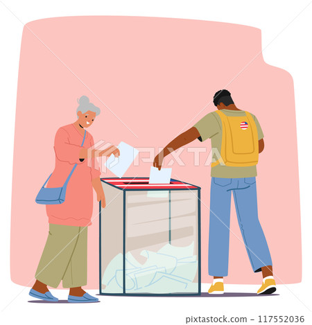 Senior Woman And Young Man Characters Casting Their Ballots Into Voting Box At A Polling Station, Represent Civic Duty 117552036