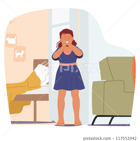 Young Girl Playing Hide And Seek Indoors, Covering Her Eyes While Counting In Cozy Bedroom Setting With A Bed 117552042