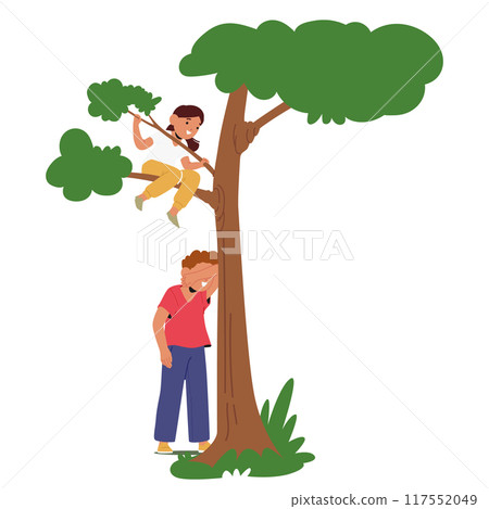 Two Children Playing Hide And Seek Outdoors. One Child Is Seeking By A Tree While The Other Climbs Up To Hide 117552049