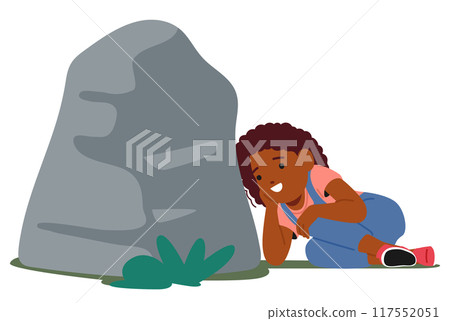 Child Happily Hiding Behind A Large Rock During A Game Of Hide And Seek, Crouched Down And Smiling While Peeking Around Child Happily Hiding Behind A Large Rock During A Game Of Hide And Seek, Crouched Down And Smiling While Peeking Around 117552051