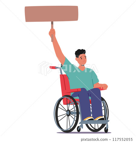 Disabled Male Character In Wheelchair Holding A Sign, Advocating For Rights And Equality, Cartoon Vector Illustration Disabled Male Character In Wheelchair Holding A Sign, Advocating For Rights And Equality, Cartoon Vector Illustration 117552055