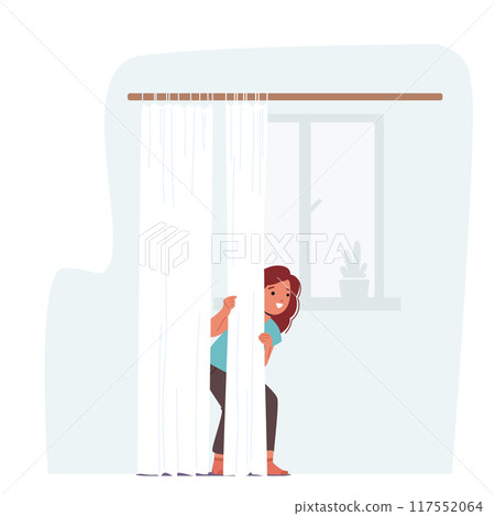 Child Girl Character Playing Hide And Seek Indoors, Hiding Behind A Curtain. Cartoon Vector Image Captures The Fun 117552064