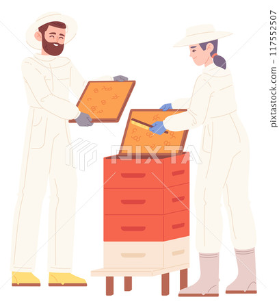 Apiary workers. Beekeeping illustration. Beehive honey extraction Apiary workers. Beekeeping illustration. Beehive honey extraction 117552507