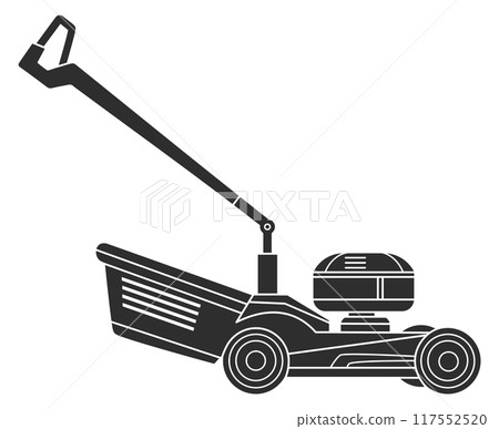Grass mower black icon. Lawn cutting machine 117552520