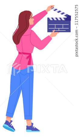 Woman with cinema clapper. Film production assistant character Woman with cinema clapper. Film production assistant character 117552575