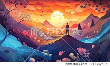 A person stands on a mountain observing a vibrant sunset over colorful hills and valleys filled with trees and flowers. Generative AI 117552594