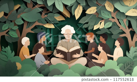 An elderly person shares stories with children in a lush green forest during a sunny day. Generative AI 117552618
