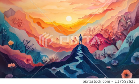 A solitary figure gazes over vibrant mountains at sunset, surrounded by colorful foliage and a winding stream. Generative AI A solitary figure gazes over vibrant mountains at sunset, surrounded by colorful foliage and a winding stream. Generative AI 117552625