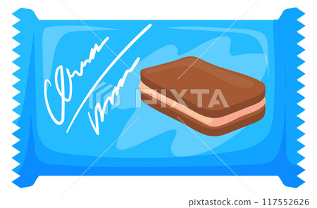 Sweet chocolate cookie in plastic pack cartoon icon Sweet chocolate cookie in plastic pack cartoon icon 117552626