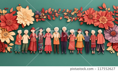 Illustration of a group of elderly women dressed in colorful attire, united in a joyful gathering adorned with vibrant flowers, celebrating friendship and community. Generative AI Illustration of a group of elderly women dressed in colorful attire, united in a joyful gathering adorned with vibrant flowers, celebrating friendship and community. Generative AI 117552627