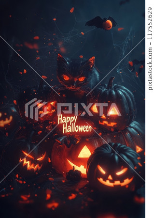 A black cat perched atop glowing jack-o'-lanterns with a spooky Halloween greeting against a dark, atmospheric background. Generative AI A black cat perched atop glowing jack-o'-lanterns with a spooky Halloween greeting against a dark, atmospheric background. Generative AI 117552629