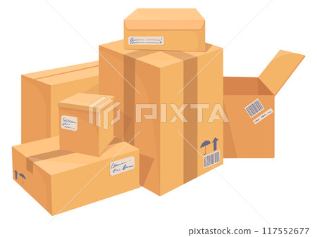 Cardboard box pile. Delivery storage stack. Empty and full containers Cardboard box pile. Delivery storage stack. Empty and full containers 117552677