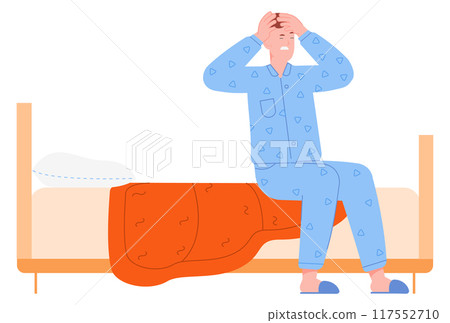 Man wake up with headache. Migraine pain illustration 117552710