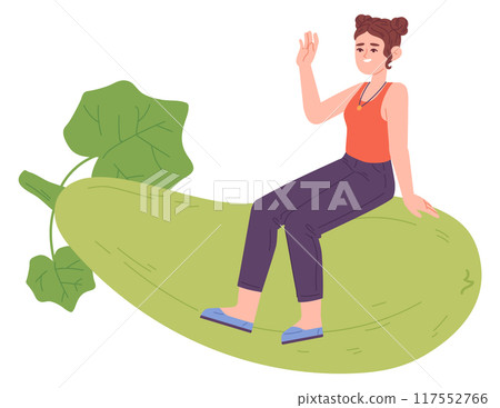 Girl sit on big zucchini. Local farm harvest 117552766
