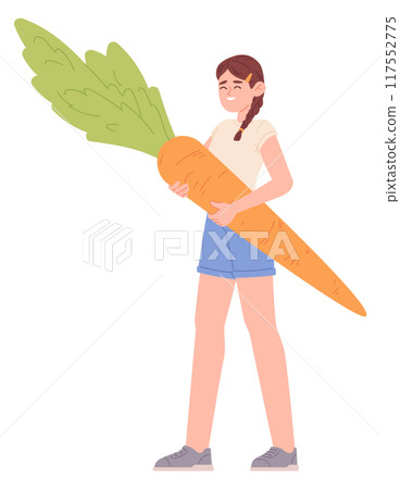 Happy girl with big carrot. Kid healthy nutrition Happy girl with big carrot. Kid healthy nutrition 117552775